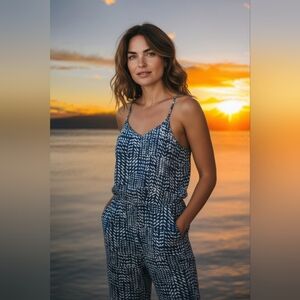 LOFT Size Small Blue and White Geometric Jumpsuit With Pockets